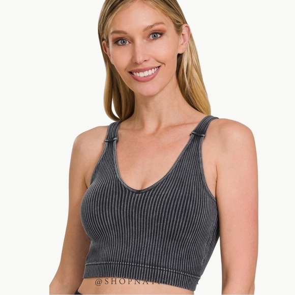 Zenana Women's Washed Ribbed Seamless Padded Bralette Size L/XL NWT, Ash Black - Picture 1 of 4